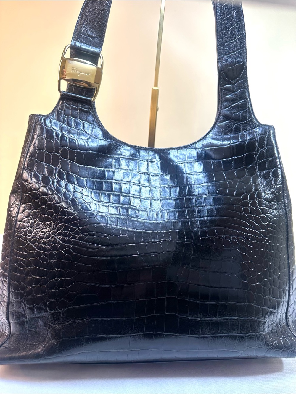 Salvatore Ferragamo Croc-embossed black leather large tote Italy